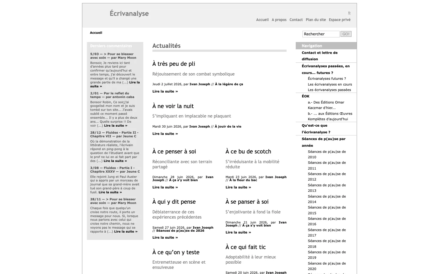 The old Écrivanalyse home page: a dense three-column SPIP layout with news, latest comments, and navigation by year of session